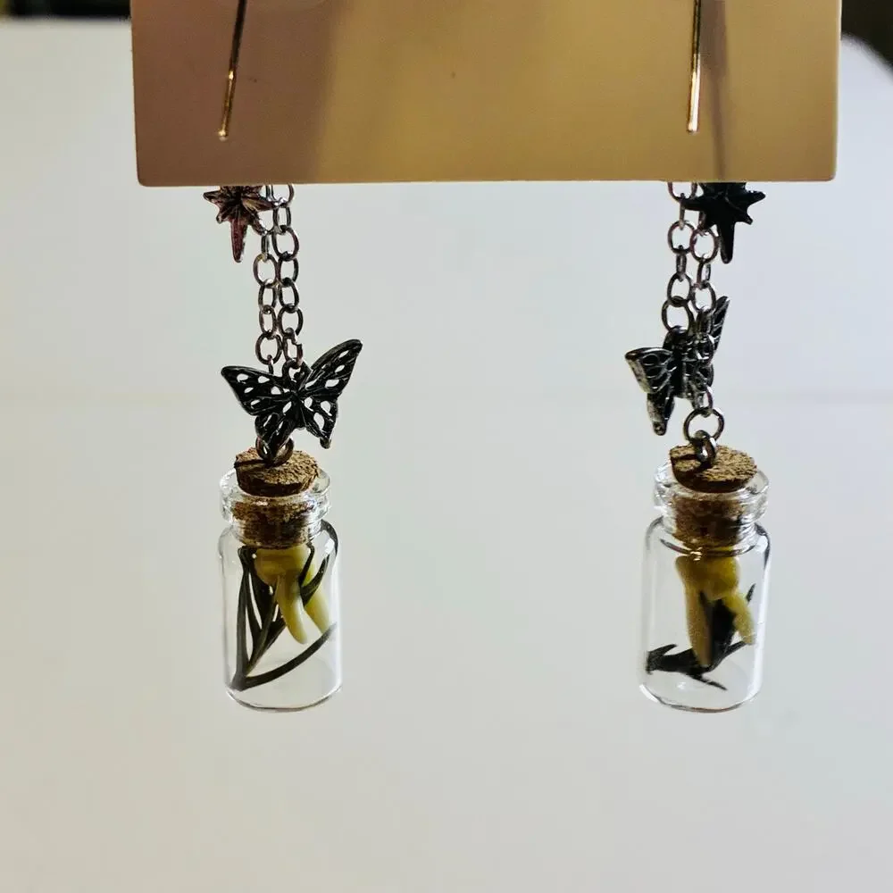 Fairy Bottle Dangle Earrings Glass Vial Butterfly Mushroom Cottagecore Gothic